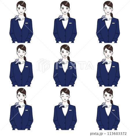 ジャケットを身につけた女性のイラスト 表情 セット ジャケットを身につけた女性のイラスト 表情 セット 113683372