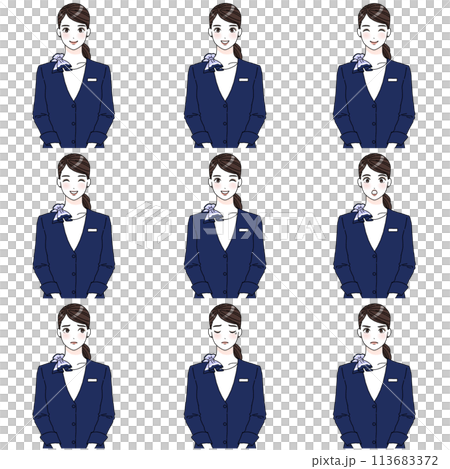 穿著夾克的女人的插圖面部表情集 113683372