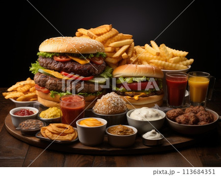 Hamburger with french fries and sauces on a wooden table. 113684351