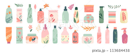 Organic skin care cosmetics. Beauty cream natural scrub and eco shampoo, make up products in different packaging. Vector bottles jars tubes for face moisturizing isolated set. Body lotion, oil 113684438