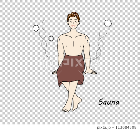 A refreshing man who moves from the sauna to the cold bath and then to the rest area to cool down in the fresh air. 113684509