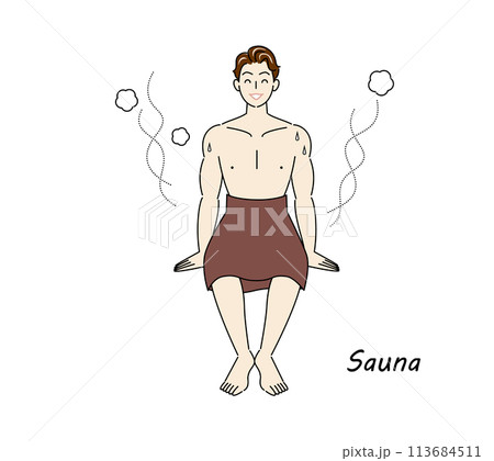 サウナから水風呂の後、休憩スペースへ移動し、外気に当たりながら体を冷ましている爽やかな男性 ととのう サウナから水風呂の後、休憩スペースへ移動し、外気に当たりながら体を冷ましている爽やかな男性 ととのう 113684511