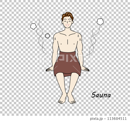 サウナから水風呂の後、休憩スペースへ移動し、外気に当たりながら体を冷ましている爽やかな男性 ととのう サウナから水風呂の後、休憩スペースへ移動し、外気に当たりながら体を冷ましている爽やかな男性 ととのう 113684511