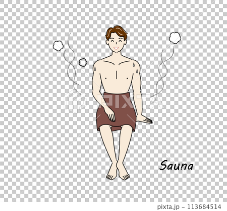 サウナから水風呂の後、休憩スペースへ移動し、外気に当たりながら体を冷ましている爽やかな男性 ととのう サウナから水風呂の後、休憩スペースへ移動し、外気に当たりながら体を冷ましている爽やかな男性 ととのう 113684514