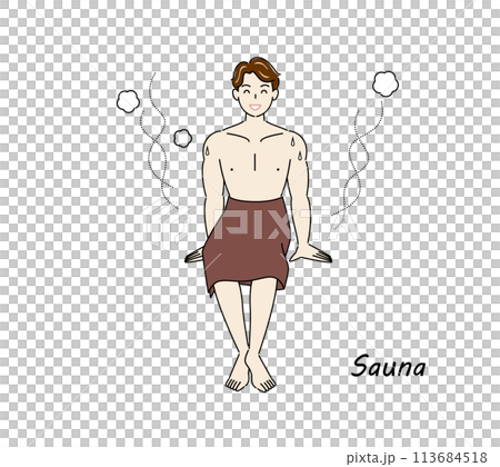サウナから水風呂の後、休憩スペースへ移動し、外気に当たりながら体を冷ましている爽やかな男性 ととのう 113684518