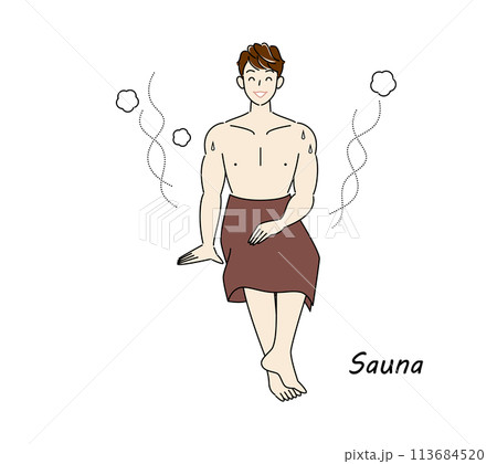 サウナから水風呂の後、休憩スペースへ移動し、外気に当たりながら体を冷ましている爽やかな男性 ととのう 113684520