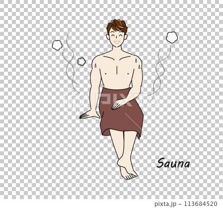 サウナから水風呂の後、休憩スペースへ移動し、外気に当たりながら体を冷ましている爽やかな男性 ととのう 113684520