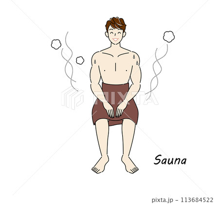 サウナから水風呂の後、休憩スペースへ移動し、外気に当たりながら体を冷ましている爽やかな男性 ととのう 113684522