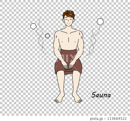 サウナから水風呂の後、休憩スペースへ移動し、外気に当たりながら体を冷ましている爽やかな男性 ととのう 113684522