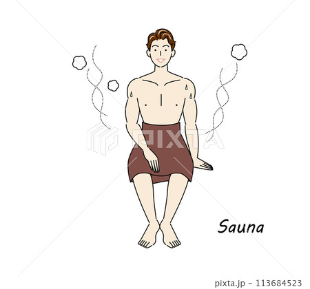 サウナから水風呂の後、休憩スペースへ移動し、外気に当たりながら体を冷ましている爽やかな男性 ととのう 113684523