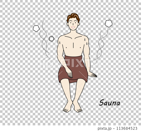 サウナから水風呂の後、休憩スペースへ移動し、外気に当たりながら体を冷ましている爽やかな男性 ととのう 113684523