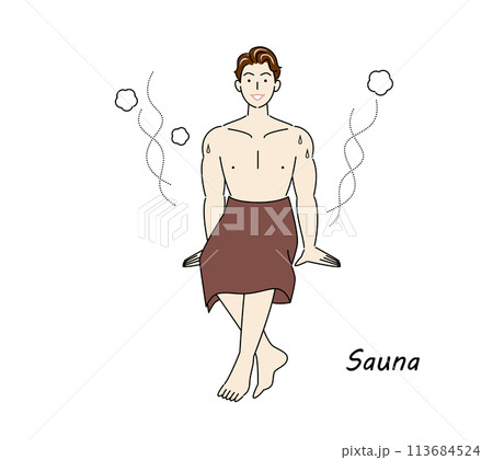 サウナから水風呂の後、休憩スペースへ移動し、外気に当たりながら体を冷ましている爽やかな男性 ととのう 113684524