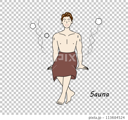 サウナから水風呂の後、休憩スペースへ移動し、外気に当たりながら体を冷ましている爽やかな男性 ととのう 113684524