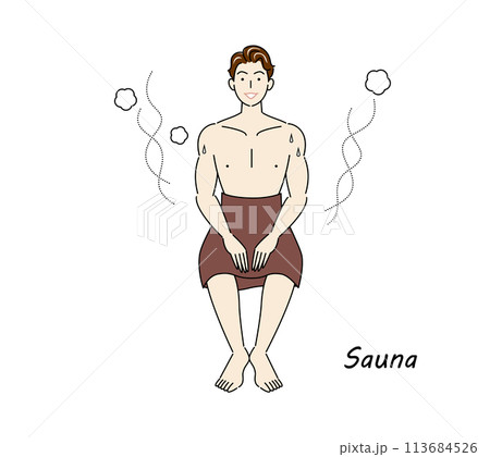 サウナから水風呂の後、休憩スペースへ移動し、外気に当たりながら体を冷ましている爽やかな男性 ととのう 113684526