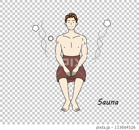 サウナから水風呂の後、休憩スペースへ移動し、外気に当たりながら体を冷ましている爽やかな男性 ととのう 113684526