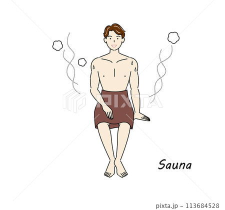 サウナから水風呂の後、休憩スペースへ移動し、外気に当たりながら体を冷ましている爽やかな男性 ととのう 113684528
