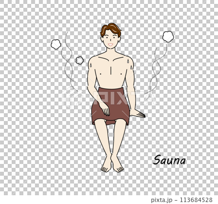 サウナから水風呂の後、休憩スペースへ移動し、外気に当たりながら体を冷ましている爽やかな男性 ととのう 113684528