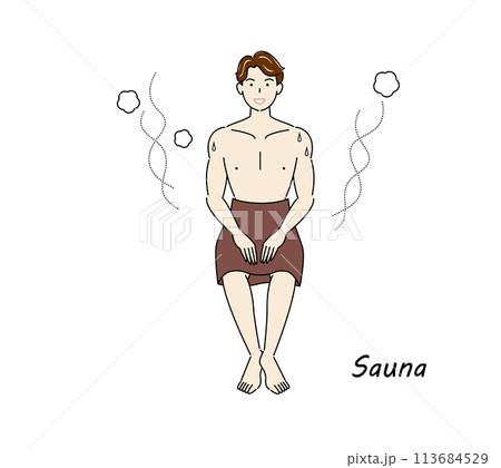 サウナから水風呂の後、休憩スペースへ移動し、外気に当たりながら体を冷ましている爽やかな男性 ととのう サウナから水風呂の後、休憩スペースへ移動し、外気に当たりながら体を冷ましている爽やかな男性 ととのう 113684529