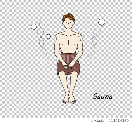 サウナから水風呂の後、休憩スペースへ移動し、外気に当たりながら体を冷ましている爽やかな男性 ととのう サウナから水風呂の後、休憩スペースへ移動し、外気に当たりながら体を冷ましている爽やかな男性 ととのう 113684529