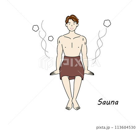 サウナから水風呂の後、休憩スペースへ移動し、外気に当たりながら体を冷ましている爽やかな男性 ととのう 113684530