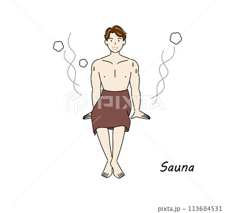 サウナから水風呂の後、休憩スペースへ移動し、外気に当たりながら体を冷ましている爽やかな男性 ととのう サウナから水風呂の後、休憩スペースへ移動し、外気に当たりながら体を冷ましている爽やかな男性 ととのう 113684531