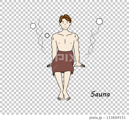 サウナから水風呂の後、休憩スペースへ移動し、外気に当たりながら体を冷ましている爽やかな男性 ととのう サウナから水風呂の後、休憩スペースへ移動し、外気に当たりながら体を冷ましている爽やかな男性 ととのう 113684531