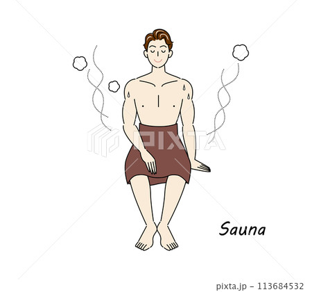 サウナから水風呂の後、休憩スペースへ移動し、外気に当たりながら体を冷ましている爽やかな男性 ととのう サウナから水風呂の後、休憩スペースへ移動し、外気に当たりながら体を冷ましている爽やかな男性 ととのう 113684532