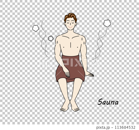 サウナから水風呂の後、休憩スペースへ移動し、外気に当たりながら体を冷ましている爽やかな男性 ととのう サウナから水風呂の後、休憩スペースへ移動し、外気に当たりながら体を冷ましている爽やかな男性 ととのう 113684532