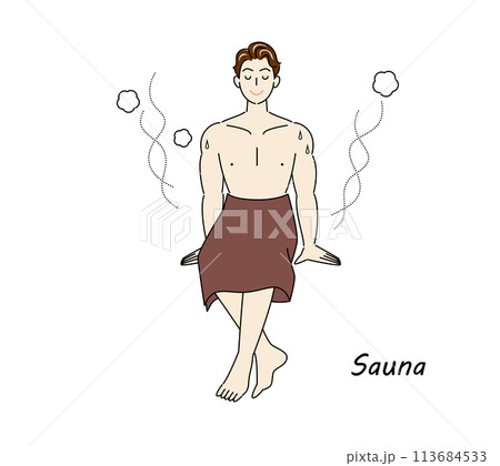 サウナから水風呂の後、休憩スペースへ移動し、外気に当たりながら体を冷ましている爽やかな男性 ととのう 113684533