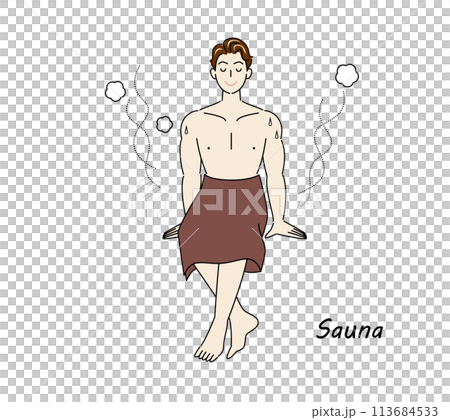 サウナから水風呂の後、休憩スペースへ移動し、外気に当たりながら体を冷ましている爽やかな男性 ととのう 113684533