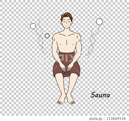 サウナから水風呂の後、休憩スペースへ移動し、外気に当たりながら体を冷ましている爽やかな男性 ととのう サウナから水風呂の後、休憩スペースへ移動し、外気に当たりながら体を冷ましている爽やかな男性 ととのう 113684536