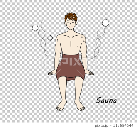 サウナから水風呂の後、休憩スペースへ移動し、外気に当たりながら体を冷ましている爽やかな男性 ととのう サウナから水風呂の後、休憩スペースへ移動し、外気に当たりながら体を冷ましている爽やかな男性 ととのう 113684544