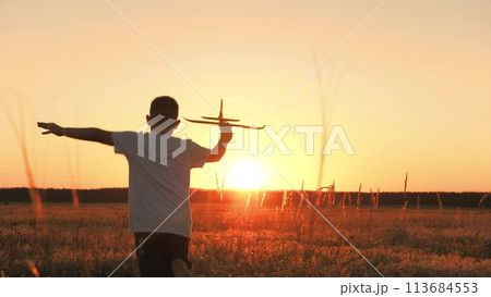 boy runs with plane his hand, child boy plays with toy plane, child son runs happily through field sunset, fantastic dream airplane pilot, cheerful child boy runs happily with toy plane through park boy runs with plane his hand, child boy plays with toy plane, child son runs happily through field sunset, fantastic dream airplane pilot, cheerful child boy runs happily with toy plane through park 113684553