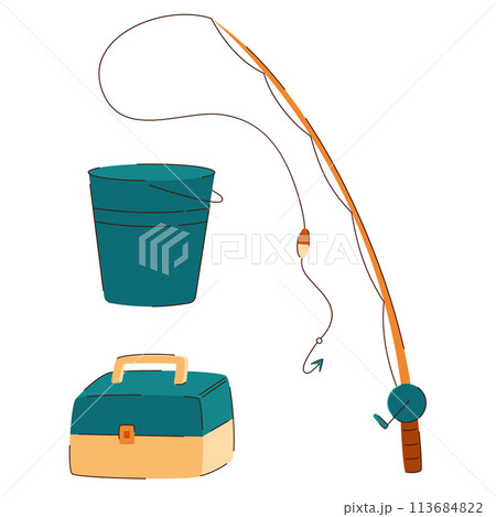 cartoon illustration of fishing set of fishing rod, bucket and tackle box cartoon illustration of fishing set of fishing rod, bucket and tackle box 113684822