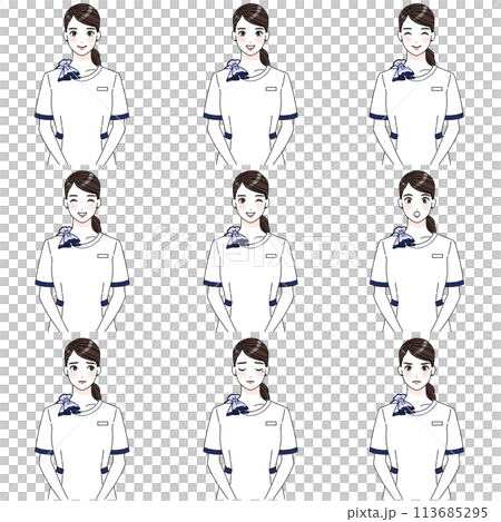 Illustration of a woman in uniform, facial expression set 113685295