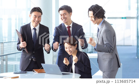 ガッツポーズで喜ぶビジネスパーソン 113685714