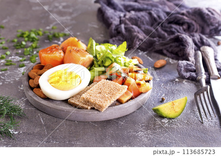 Selection of healthy products. Balanced diet concept. 113685723