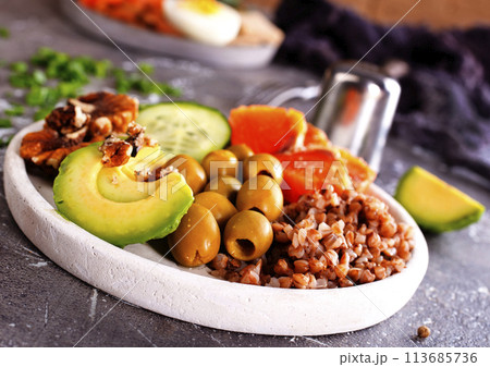 Selection of healthy products. Balanced diet concept. Selection of healthy products. Balanced diet concept. 113685736