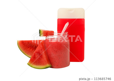 PNG, shower gel and body scrub with watermelon isolated on white background. 113685746