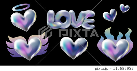 3d holographic retro 90 stickers set. Chrome Hearts in Y2K style with fire flame, angel wings, crown isolated on black. Future galaxy retro aesthetic, 3D chrome bubble art. Metal glossy sticker set. 113685955