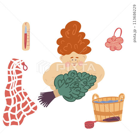 Girl cartoon flat design sauna equipment set 113686229