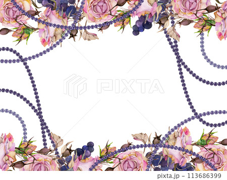 Hand drawn watercolor illustration shabby boho botanical flowers leaves. Rose hip pearl beads autumn branches indigo berries pink pastel. Frame isolated white background. Design wedding, love cards 113686399