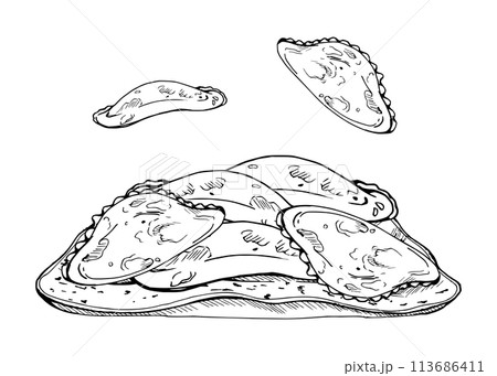 Hand drawn ink vector illustration, traditional meat vegetable filled pie dumpling empanadas turnover. Composition isolated on white background. Design travel, cafe restaurant menu, brochure, print 113686411