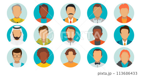 People portraits of faceless males faces at round frame. 113686433
