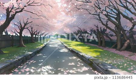 春爛漫：桜吹雪が舞う静謐な遊歩道 113686445