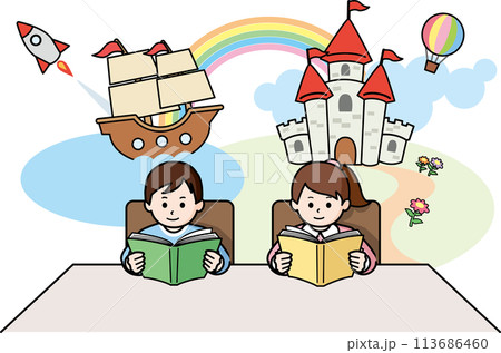 読書をする男の子と女の子 読書をする男の子と女の子 113686460