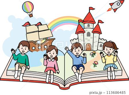 本の上に座る子供たち 113686485