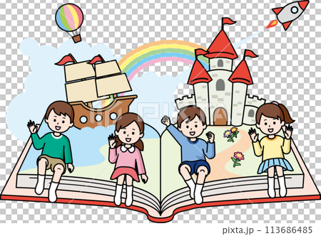 本の上に座る子供たち 113686485