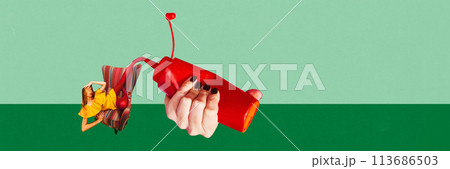 Banner. Contemporary art collage. Hand with bottle of souse drawing woman, sitting on chair, legs against green-mint background. 113686503