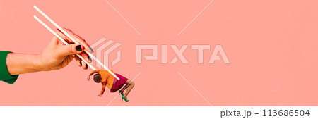 Banner. Contemporary art collage. Female hand holding chopsticks with woman as food against pink background with negative space. 113686504